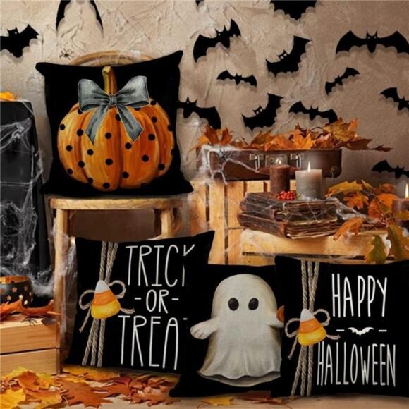 Set of 4 Halloween Pillow Covers 18x18 inch - Pumpkin & Ghost Trick or Treat Déc - Picture 5 of 7